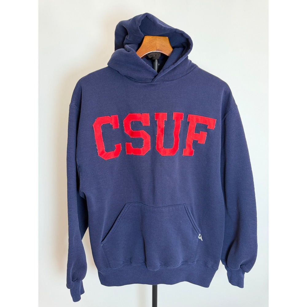 Vintage Russell Athletic CSUF Hoodie Navy Blue Red Spellout Made in USA Large